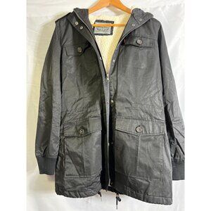 Levis Coat Women’s Sz M Black Sherpa Lined Parka Long Hooded Barn Coat Zipper F2